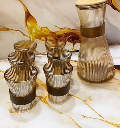 ZS - Ribbed Glass Pitcher Set with 6 Cups