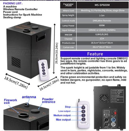 ZS - 600w Stage Cold Spark Machine with DMX and Remote up to 5M