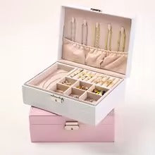 ZS - Compact PU Leather Double Layer Lockable Jewelry Storage Box Organizer-Tiered Tray