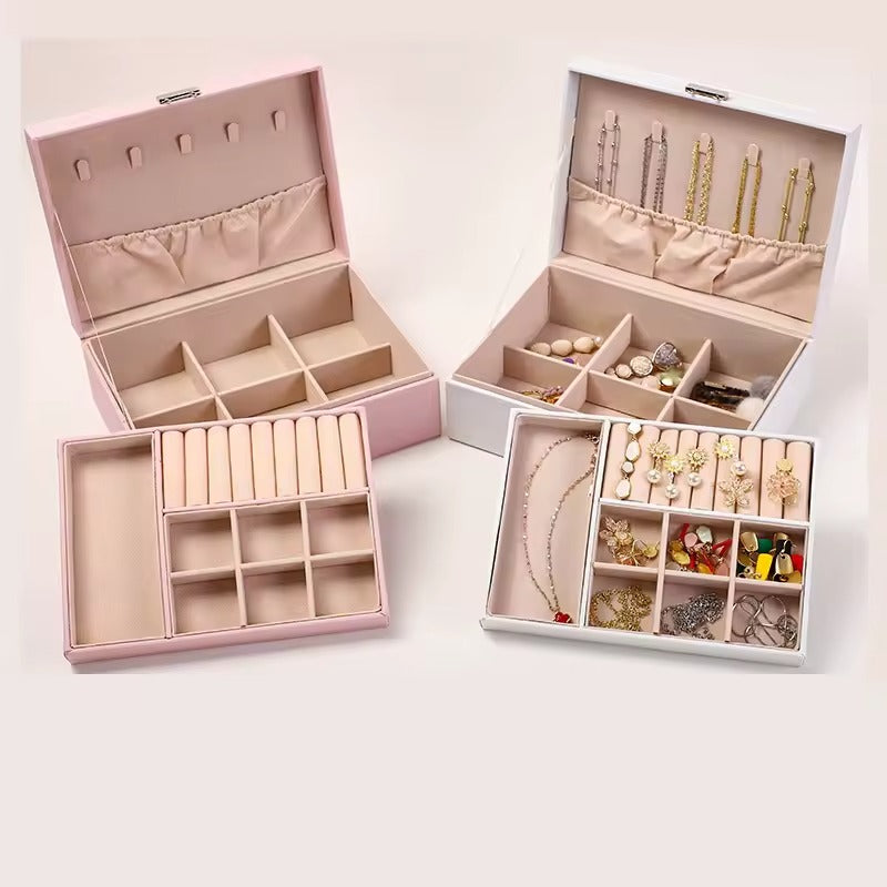 ZS - Compact PU Leather Double Layer Lockable Jewelry Storage Box Organizer-Tiered Tray