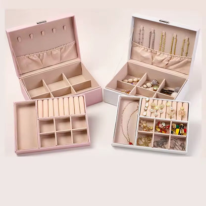 ZS - Compact PU Leather Double Layer Lockable Jewelry Storage Box Organizer-Tiered Tray