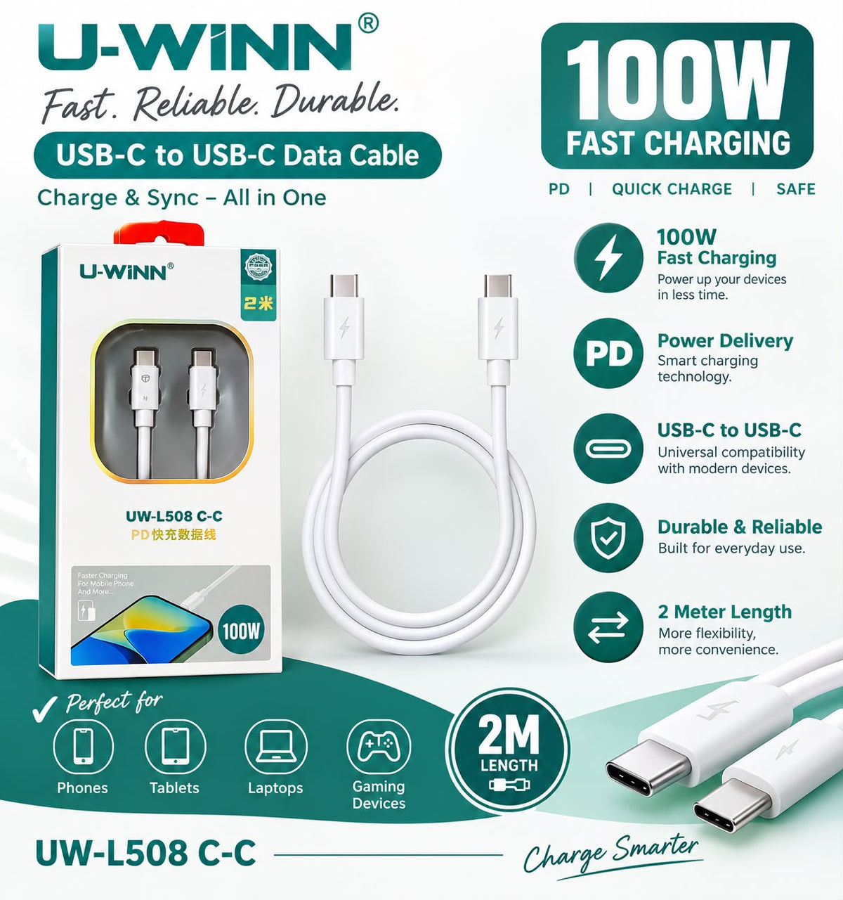 ZS - U-WINN 100W USB-C to USB-C Fast Charging & Data Cable (2m)