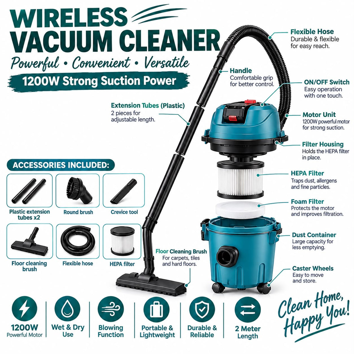 ZS - 48V 1200W Cordless Wet & Dry Vacuum Cleaner – 15L