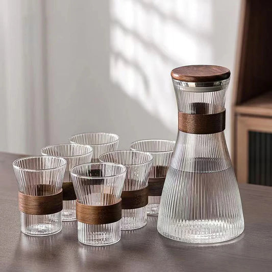 ZS - Ribbed Glass Pitcher Set with 6 Cups