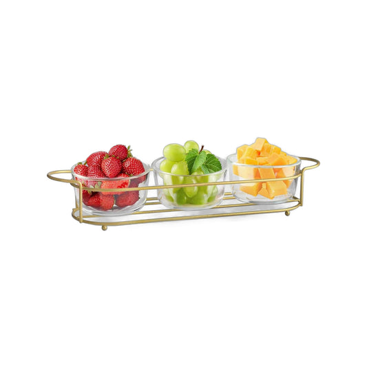 ZS - 3 Piece Candy Glass Bowl with Metal Stand Set Gold