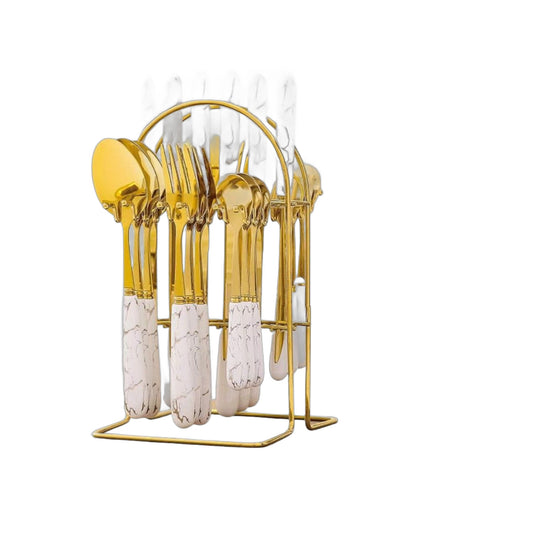 ZS - 24pcs Gold Dinnerware Flatware Set with Marbled Ceramic Handle & Holder