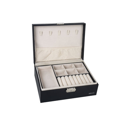 ZS - Compact PU Leather Double Layer Lockable Jewelry Storage Box Organizer-Tiered Tray