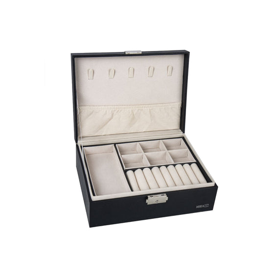 ZS - Compact PU Leather Double Layer Lockable Jewelry Storage Box Organizer-Tiered Tray
