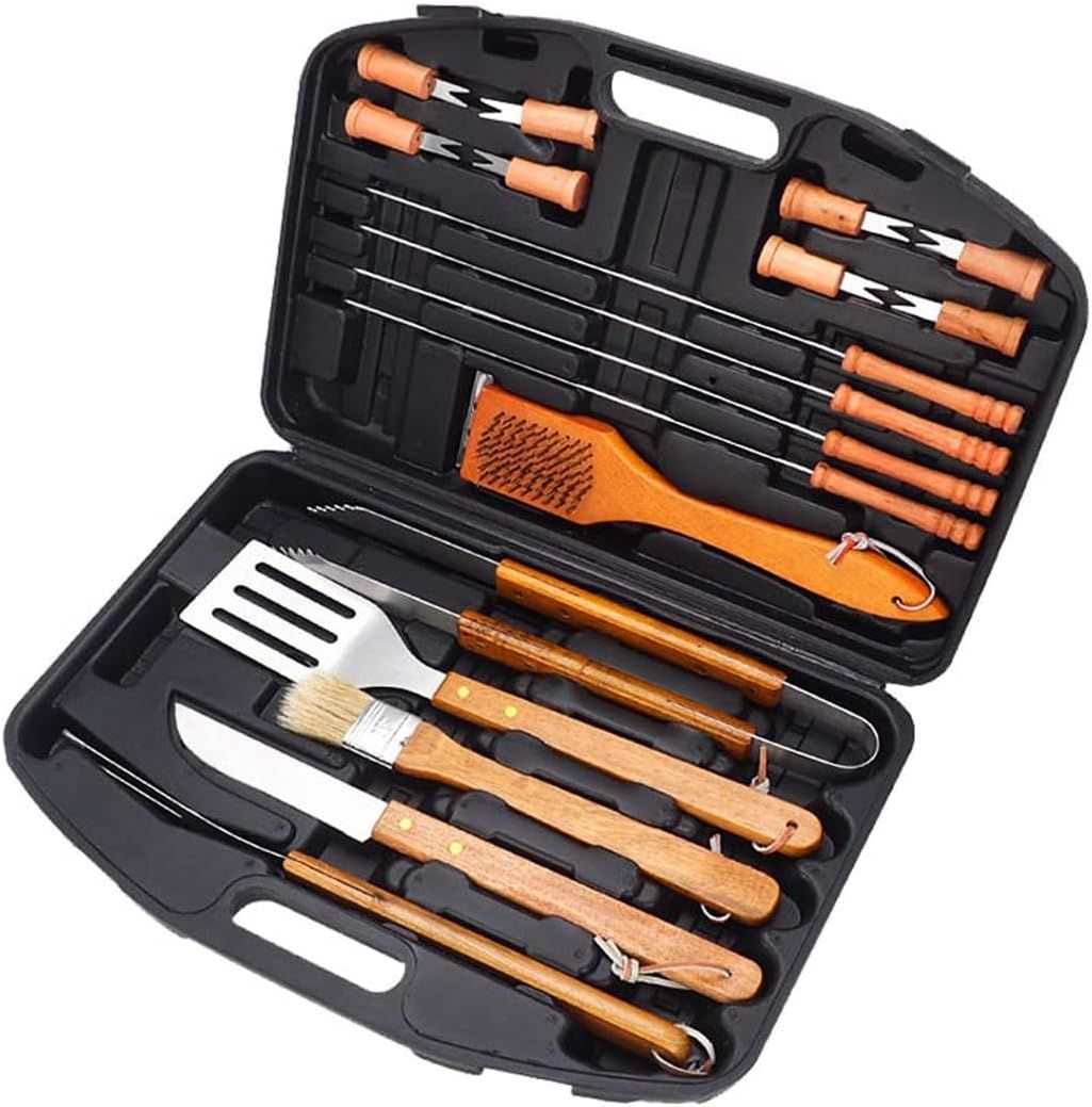 ZS - BBQ Tool Set 18 Piece - Stainless Steel Braai Utensils, Wooden Handles